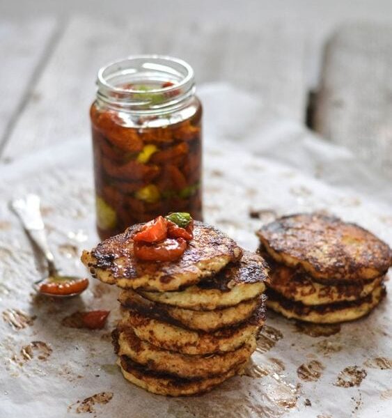 Cheesy Cauliflower Fritters with Homemade Semi-dried Tomatoes in Olive Oil