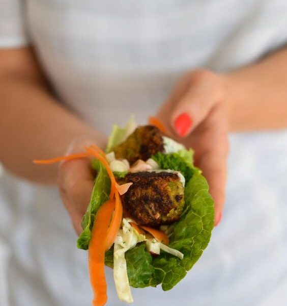 Vegan-Veggie Falafels in Lettuce Wraps with Apple & Cabbage Slaw