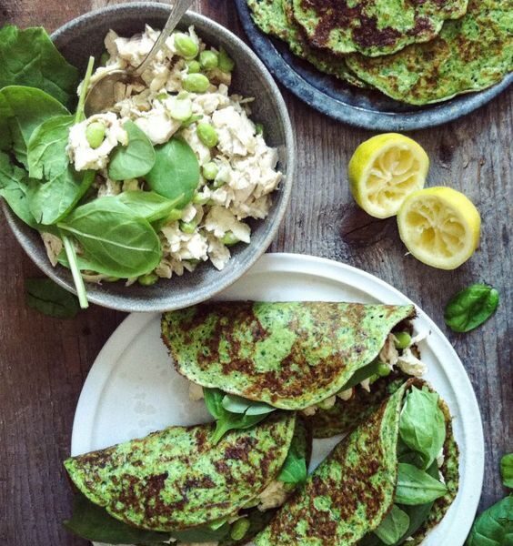 Green & Grain Free Pancakes with Creamy Tahini Chicken Salad