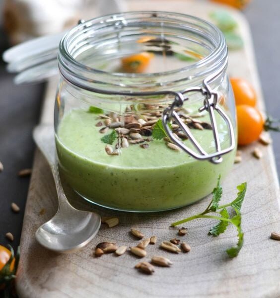 Cold Avocado & Cucumber Soup with Golden Sunflower Seeds