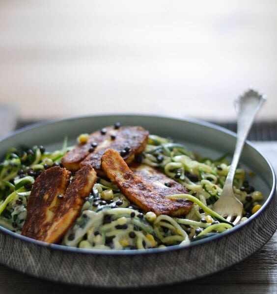 Vegetarian Summer Squash Spaghetti with Corn, Lentils & Fried Halloumi