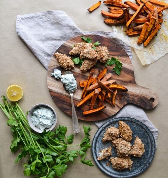 Crispy chicken Nuggets With Hot & Sweet Potato Fries & Pickled Yoghurt Dipping Sauce