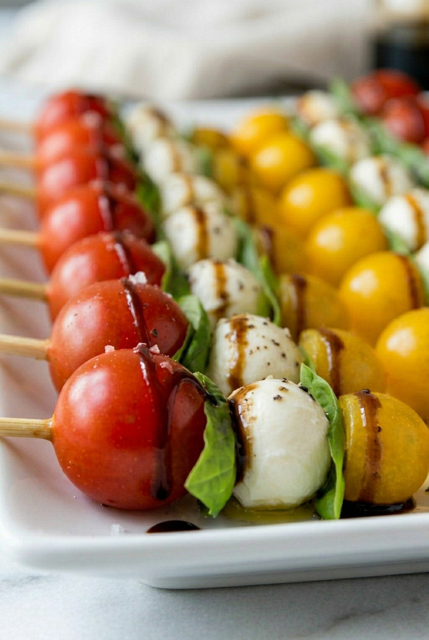Close-up of caprese skewer showing tomato mozzarella and basil