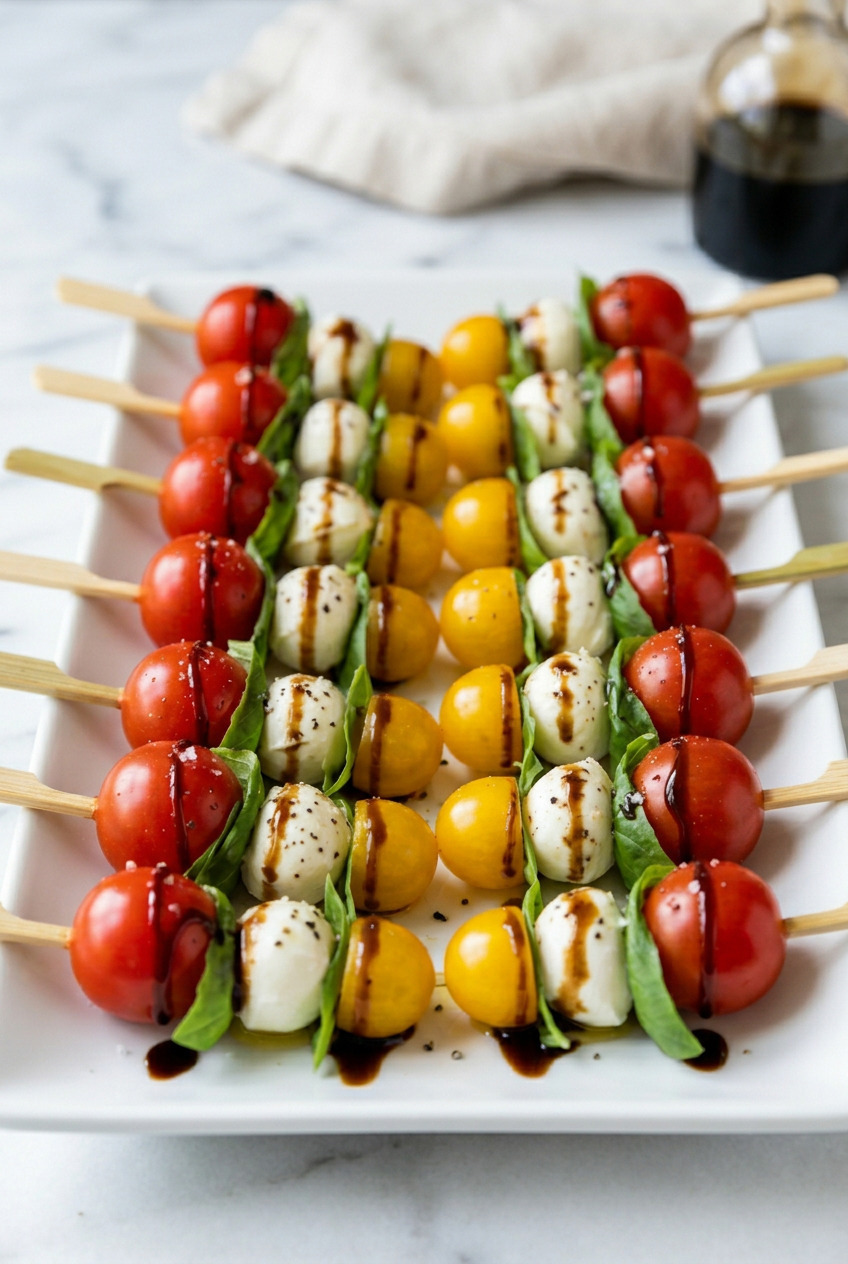 Caprese skewers with cherry tomatoes mozzarella and basil on white plate