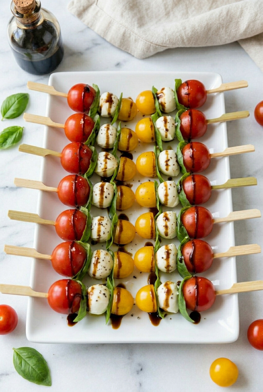 Overhead view of caprese skewers with balsamic glaze