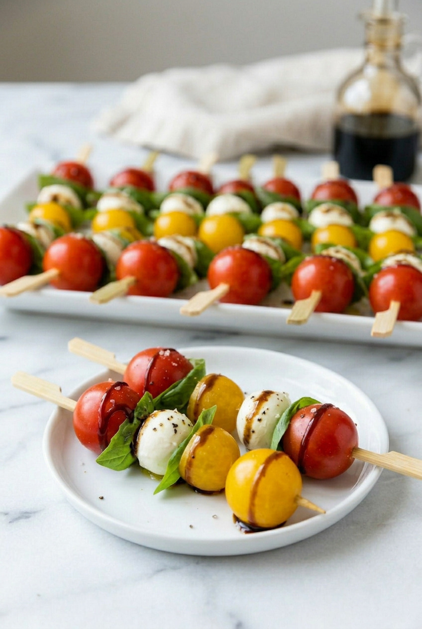 Caprese skewers served on small plate with balsamic drizzle