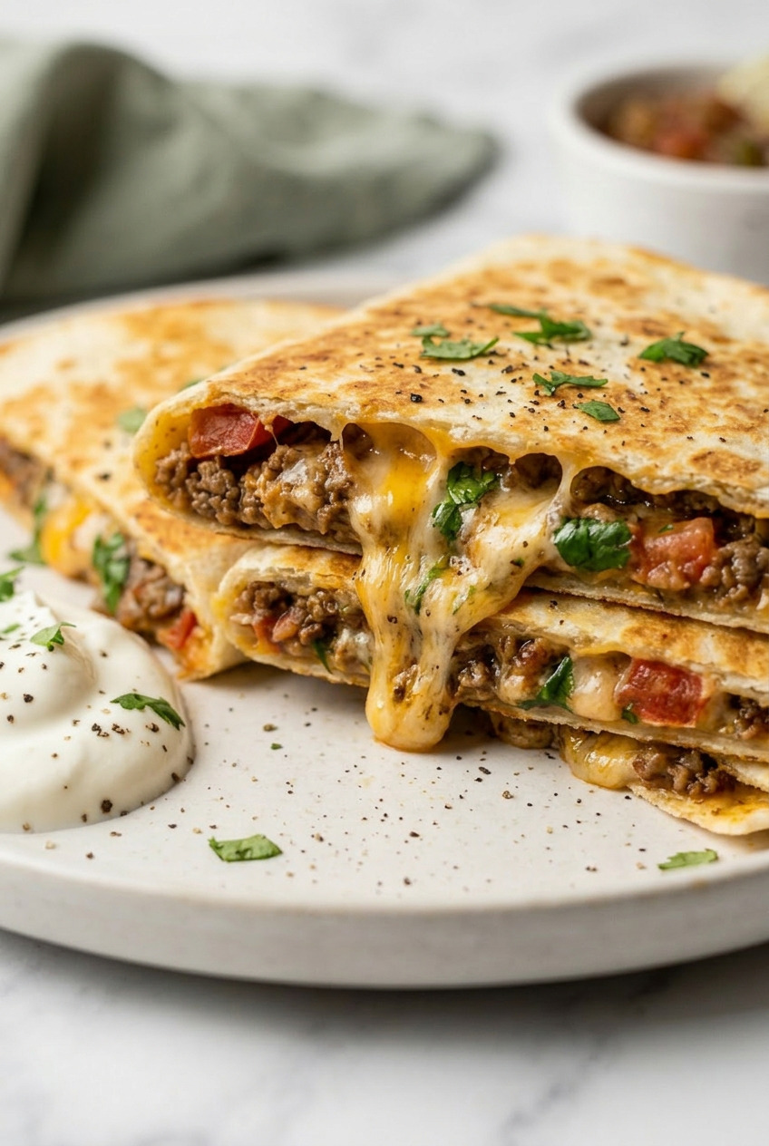 Ground beef quesadilla cheese pull showing melted cheddar and seasoned beef