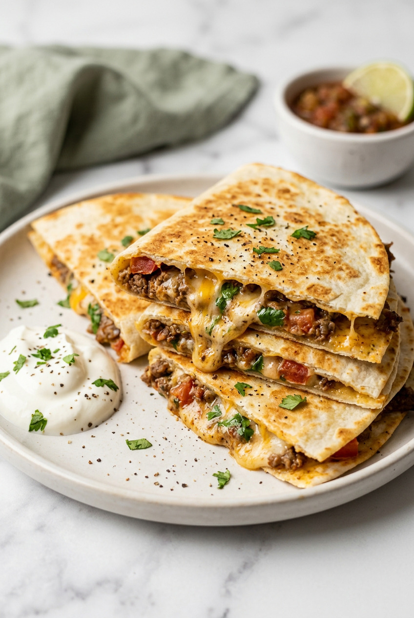 Ground beef quesadillas stacked on a plate with melted cheese and sour cream