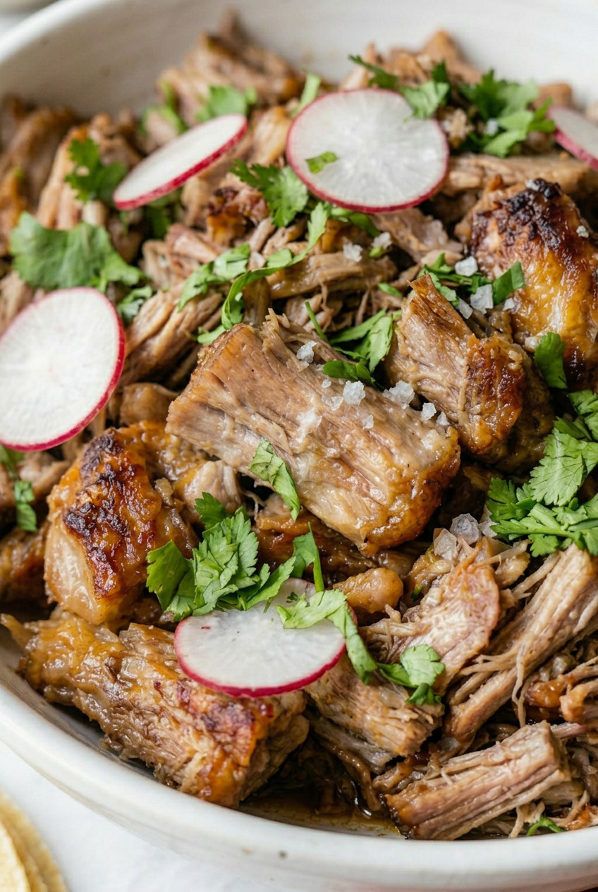 Close-up of pork carnitas showing crispy caramelized edges