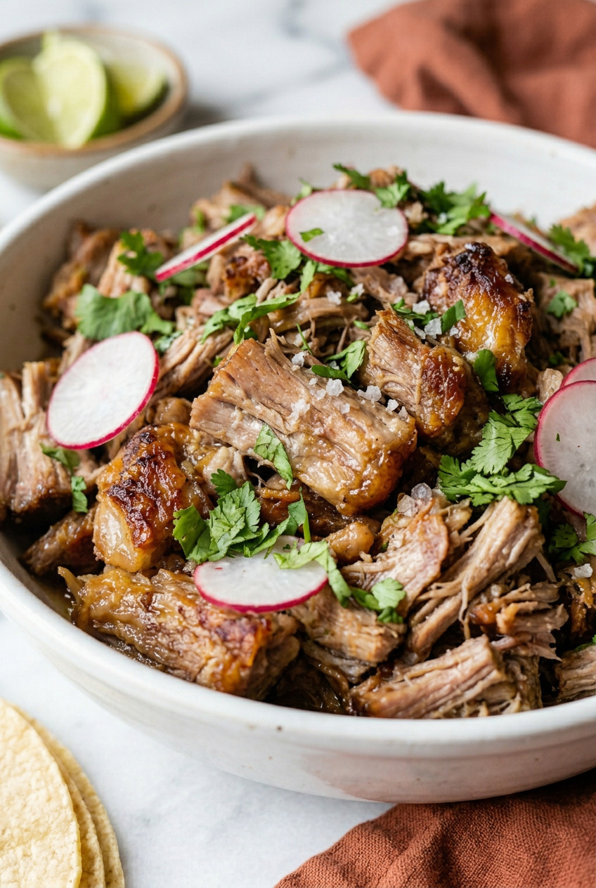 Pork carnitas shredded crispy pulled pork in white bowl