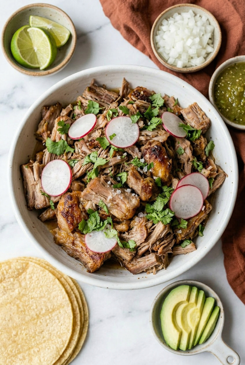 Overhead view of pork carnitas with tortillas and toppings