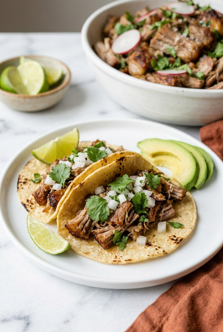Pork carnitas tacos on white plate with cilantro and lime
