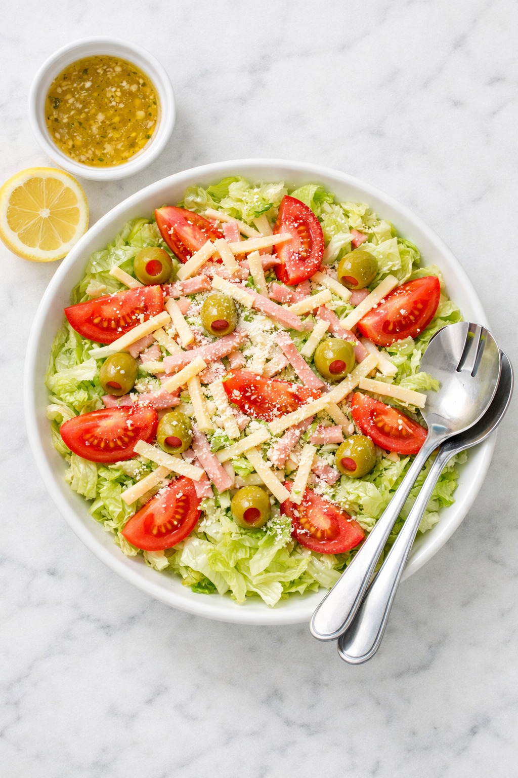 1905 salad overhead view showing all the toppings and garlic dressing