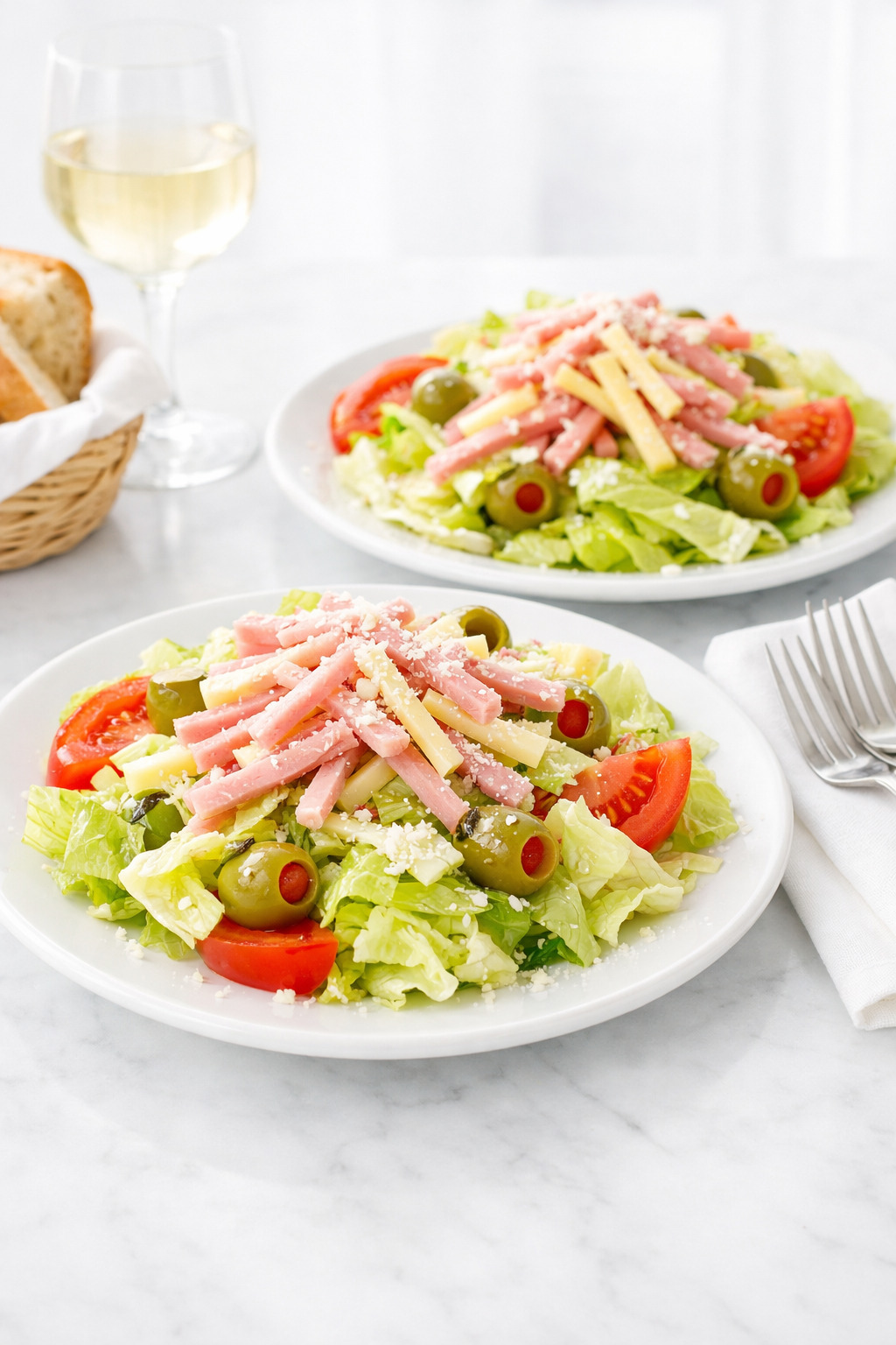 1905 salad served on individual white plates for dinner