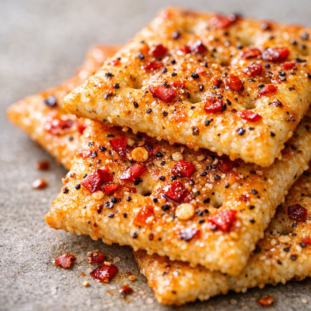Extreme closeup of Alabama fire crackers showing red pepper flakes and oil glistening seasoning coating