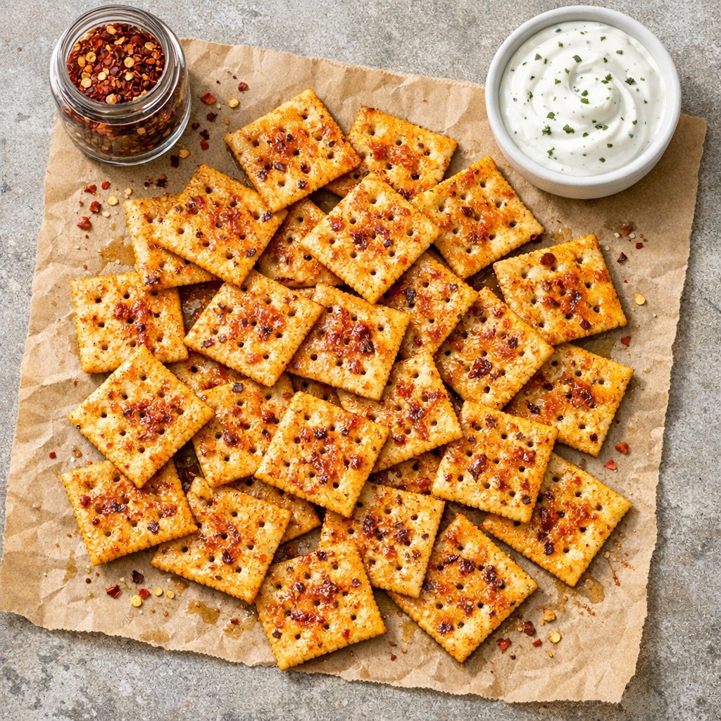 Overhead flat-lay of Alabama fire crackers on kraft paper with red pepper flakes jar and ranch dip