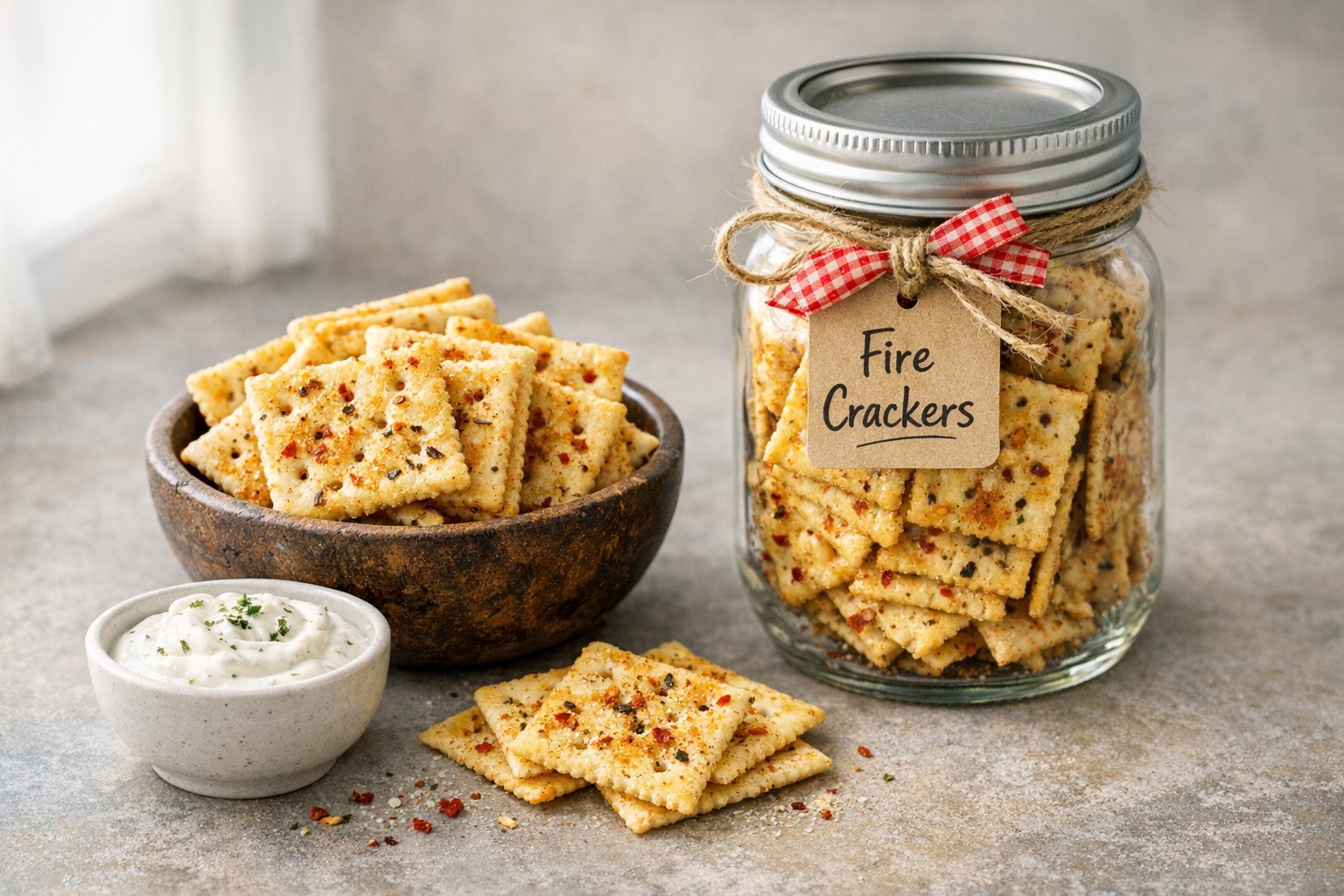 Alabama fire crackers in clear glass jar and bowl on brushed concrete with ranch dip