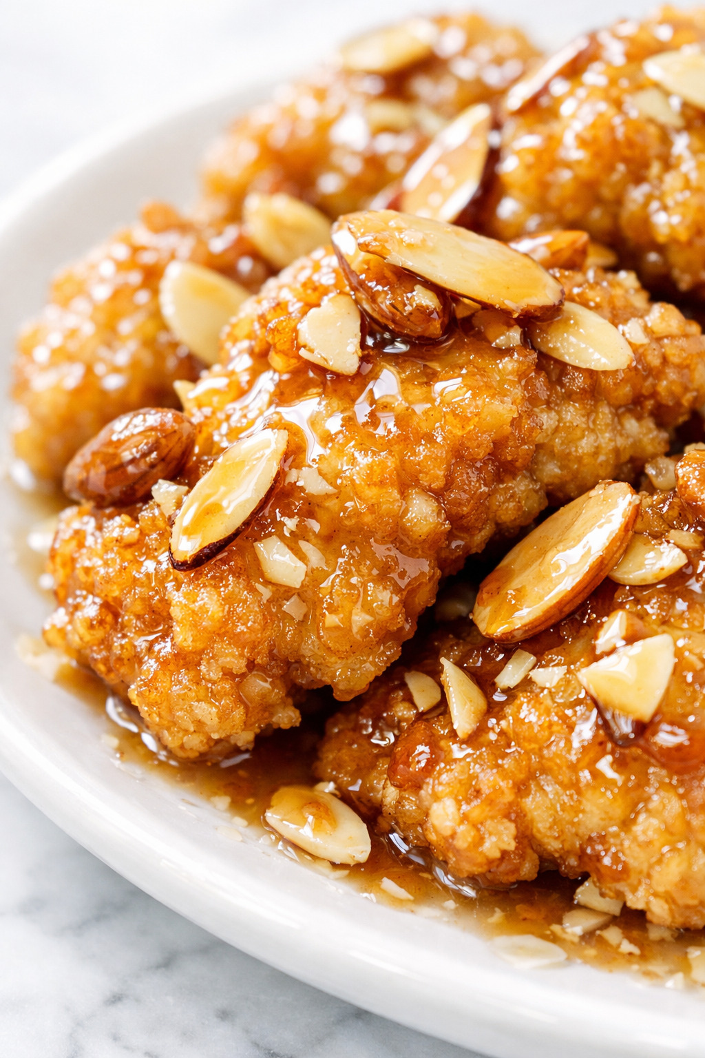 Chinese almond chicken closeup showing crispy coating