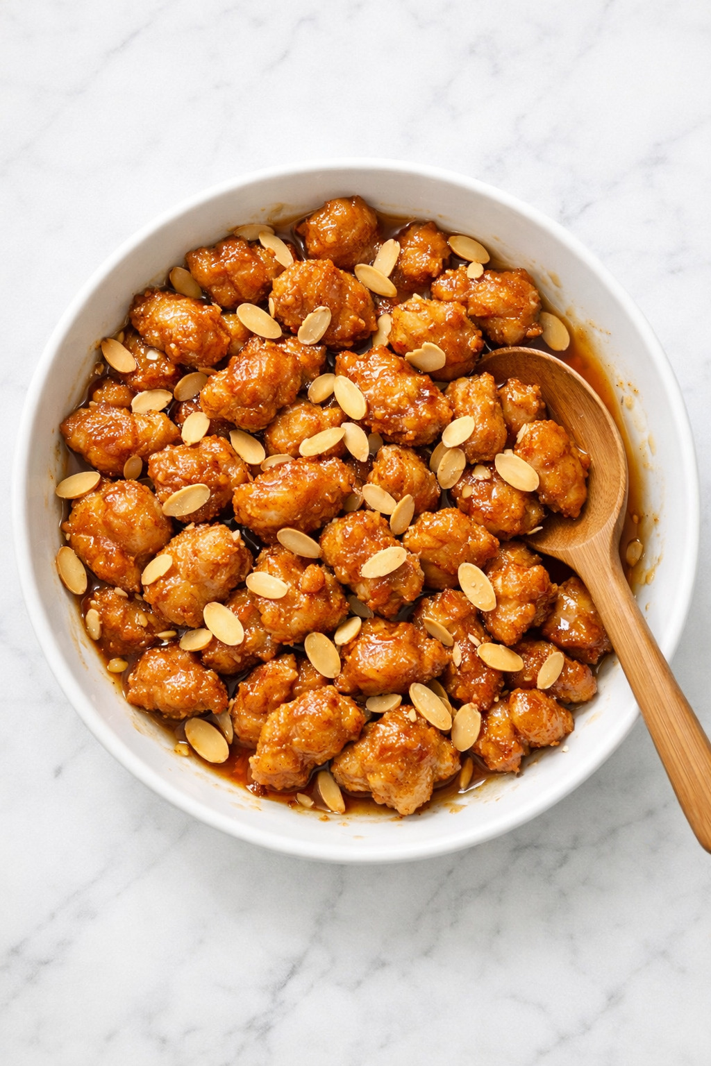 Chinese almond chicken overhead view in serving dish