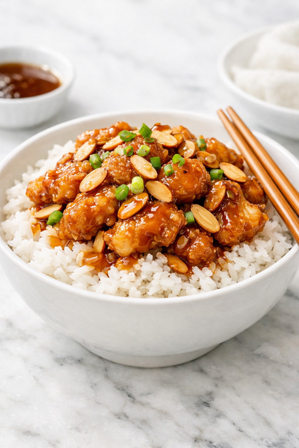 Chinese almond chicken served over white rice