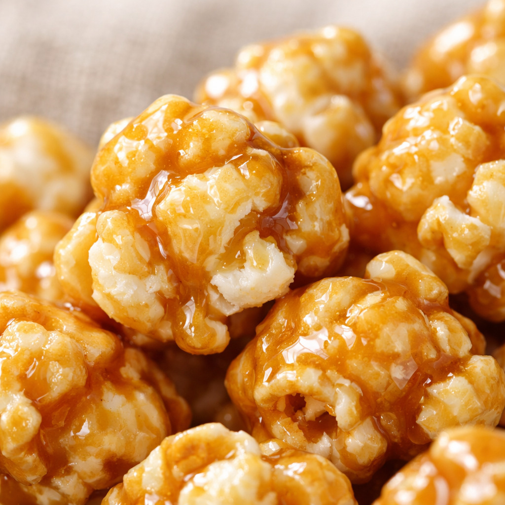 Extreme closeup of Amish caramel corn clusters showing shiny golden caramel coating on individual popcorn pieces against a soft linen background