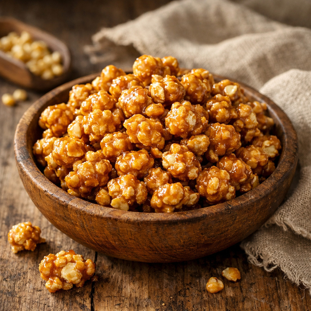 Amish caramel corn in a large rustic wooden bowl on raw linen and light wood, showing deep golden-amber caramel coating and shiny crunchy clusters
