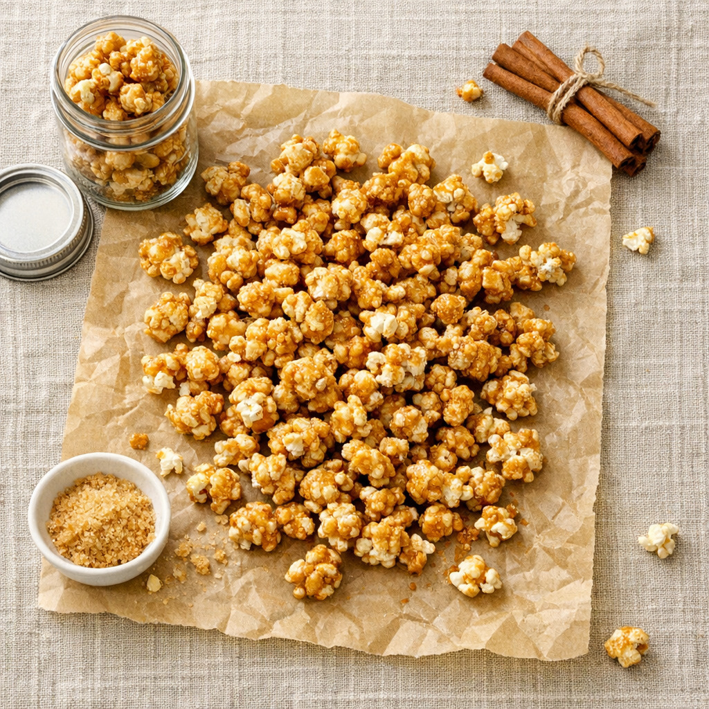 Overhead flat-lay of Amish caramel corn clusters on kraft parchment paper on linen, with mason jar and cinnamon sticks props