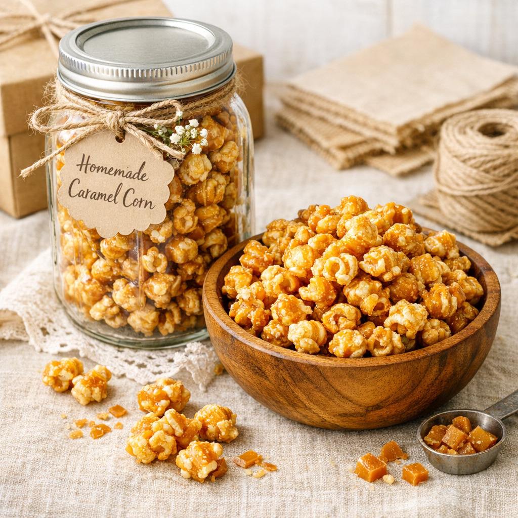 Amish caramel corn displayed in a clear glass mason jar and wooden bowl on raw linen, styled as a homemade gift