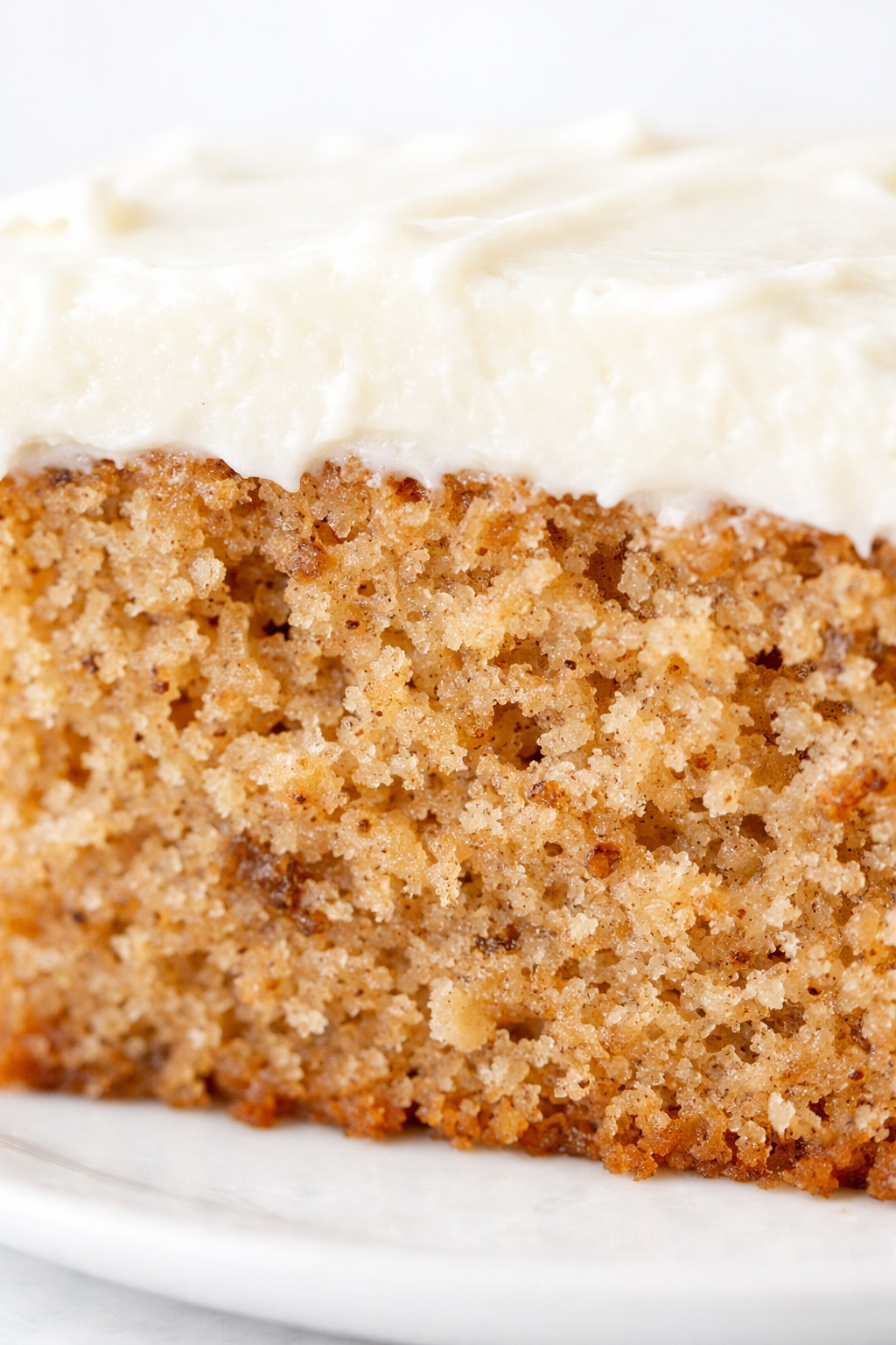 Closeup of moist applesauce cake crumb with cream cheese frosting