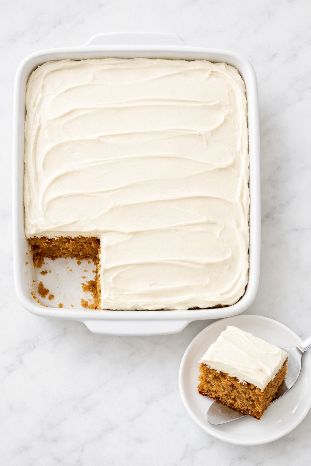 Overhead view of applesauce cake in baking dish with cream cheese frosting