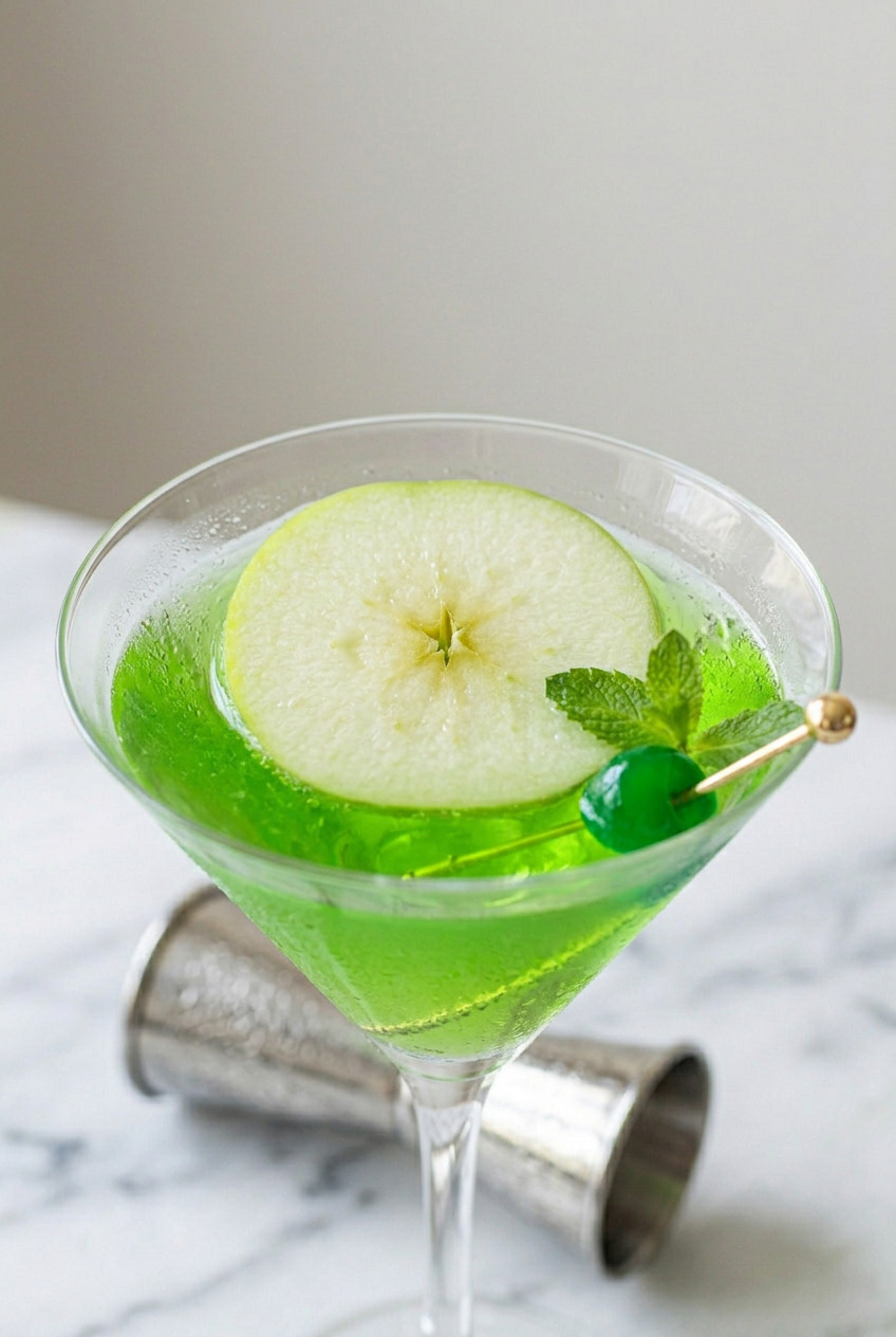 Close-up of Appletini showing vivid emerald green liquid with condensation on glass