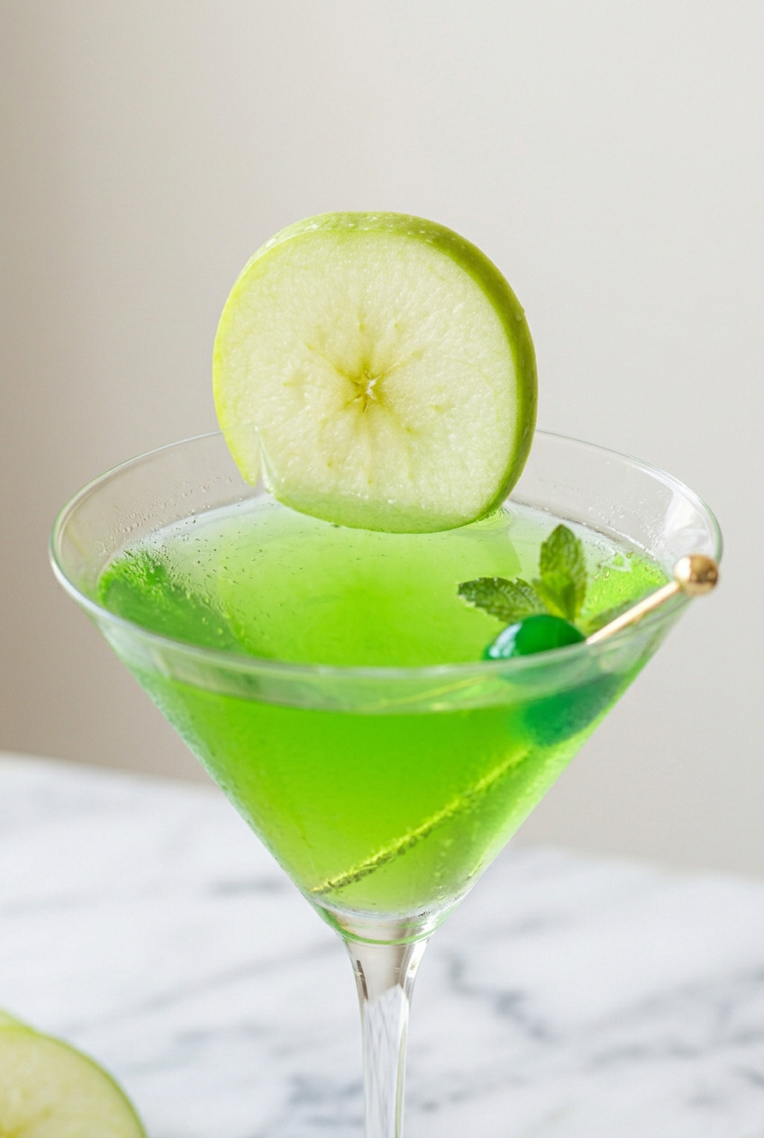 Appletini cocktail in a crystal martini glass with green apple garnish on white marble