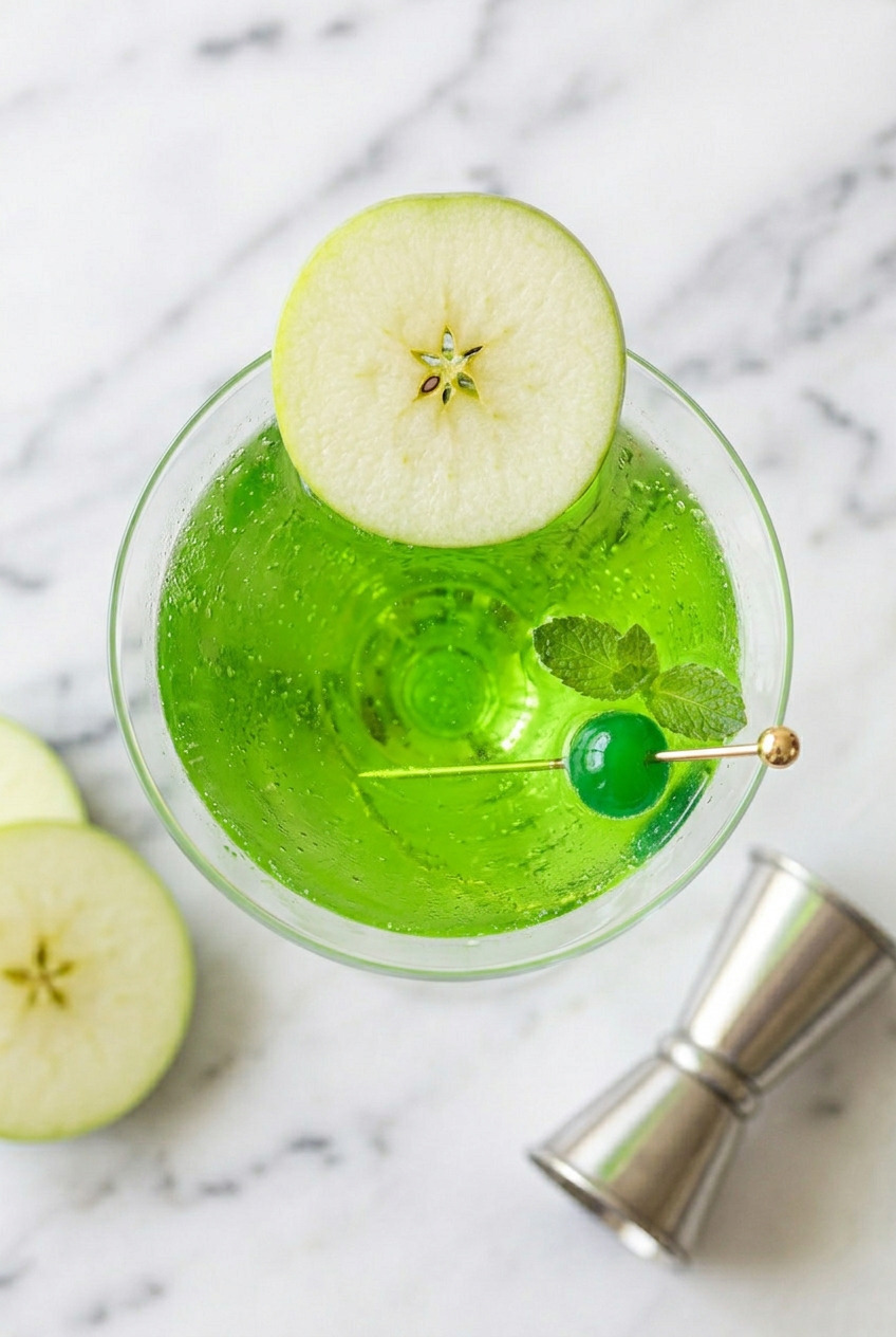 Overhead view of two Appletini cocktails on white marble surface
