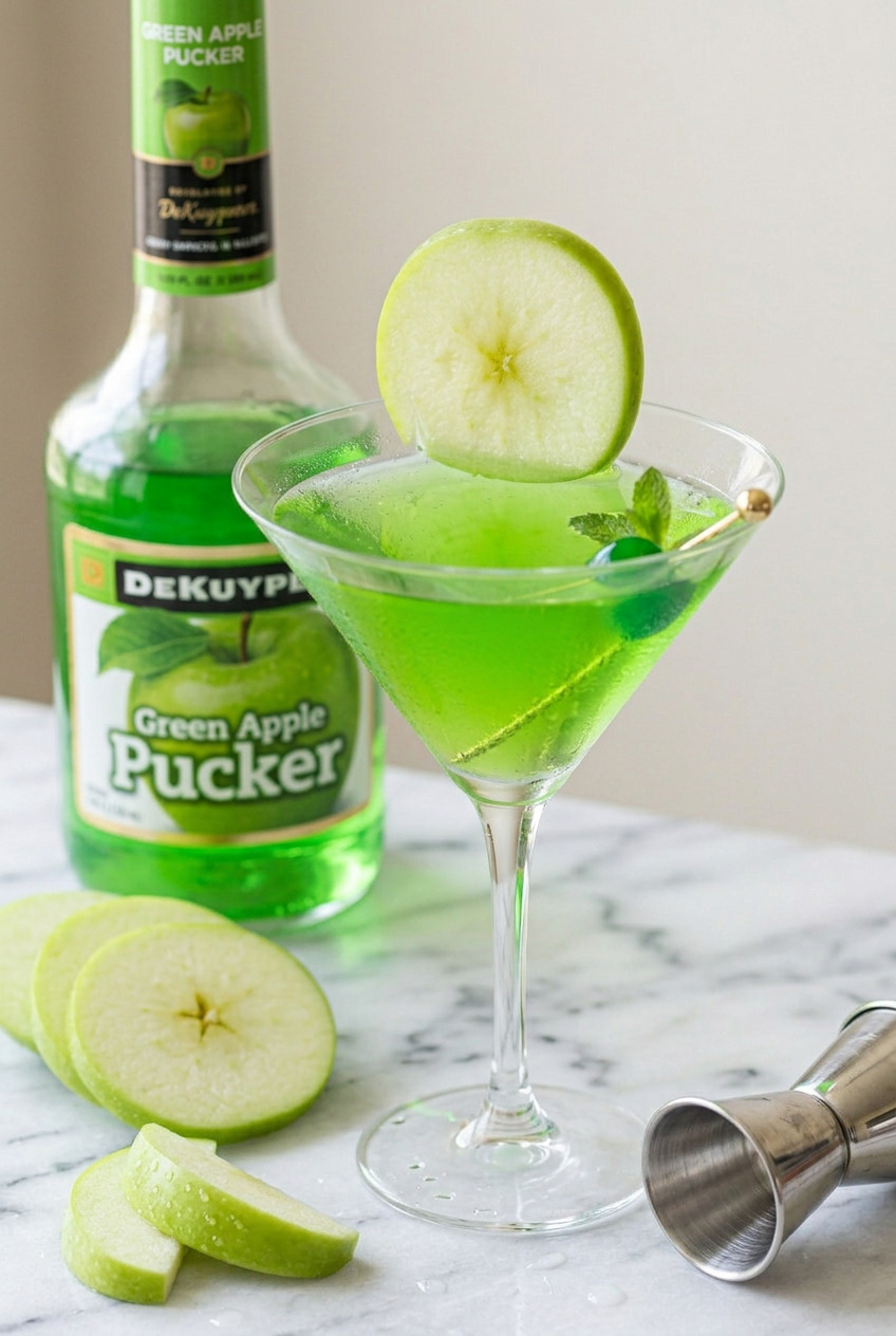 Appletini cocktail served with green apples and cherries on white marble surface