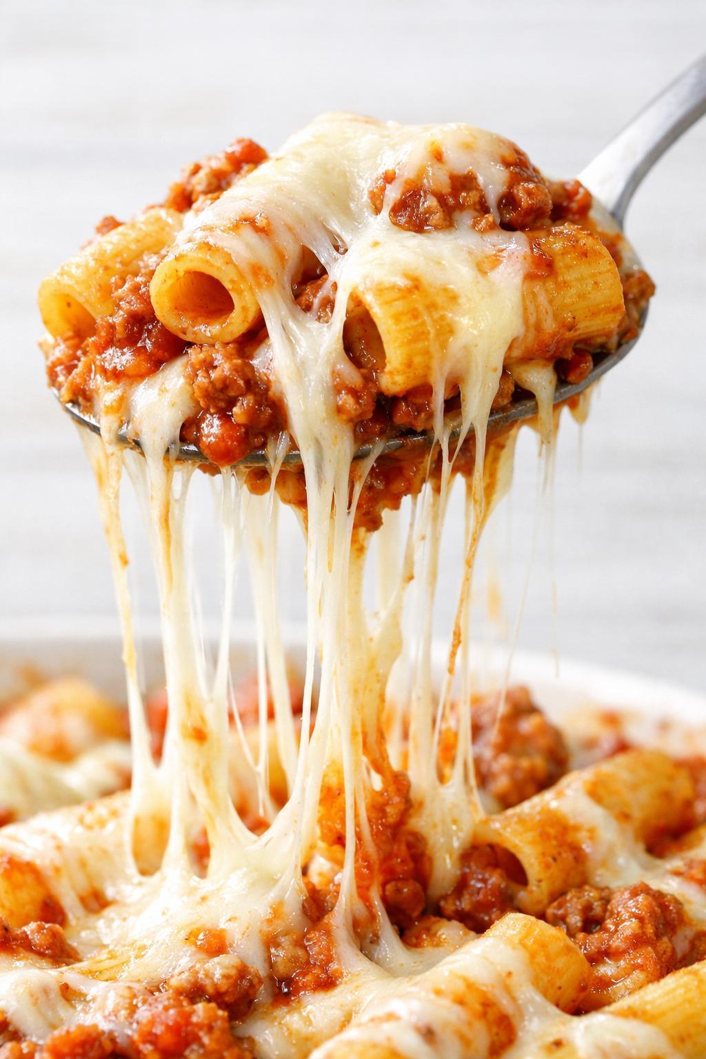 Extreme closeup of baked rigatoni cheese pull showing rigatoni tubes in rich meat sauce