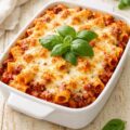 Baked rigatoni in white ceramic baking dish with golden bubbling cheese and fresh basil