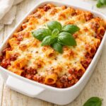 Baked rigatoni in white ceramic baking dish with golden bubbling cheese and fresh basil