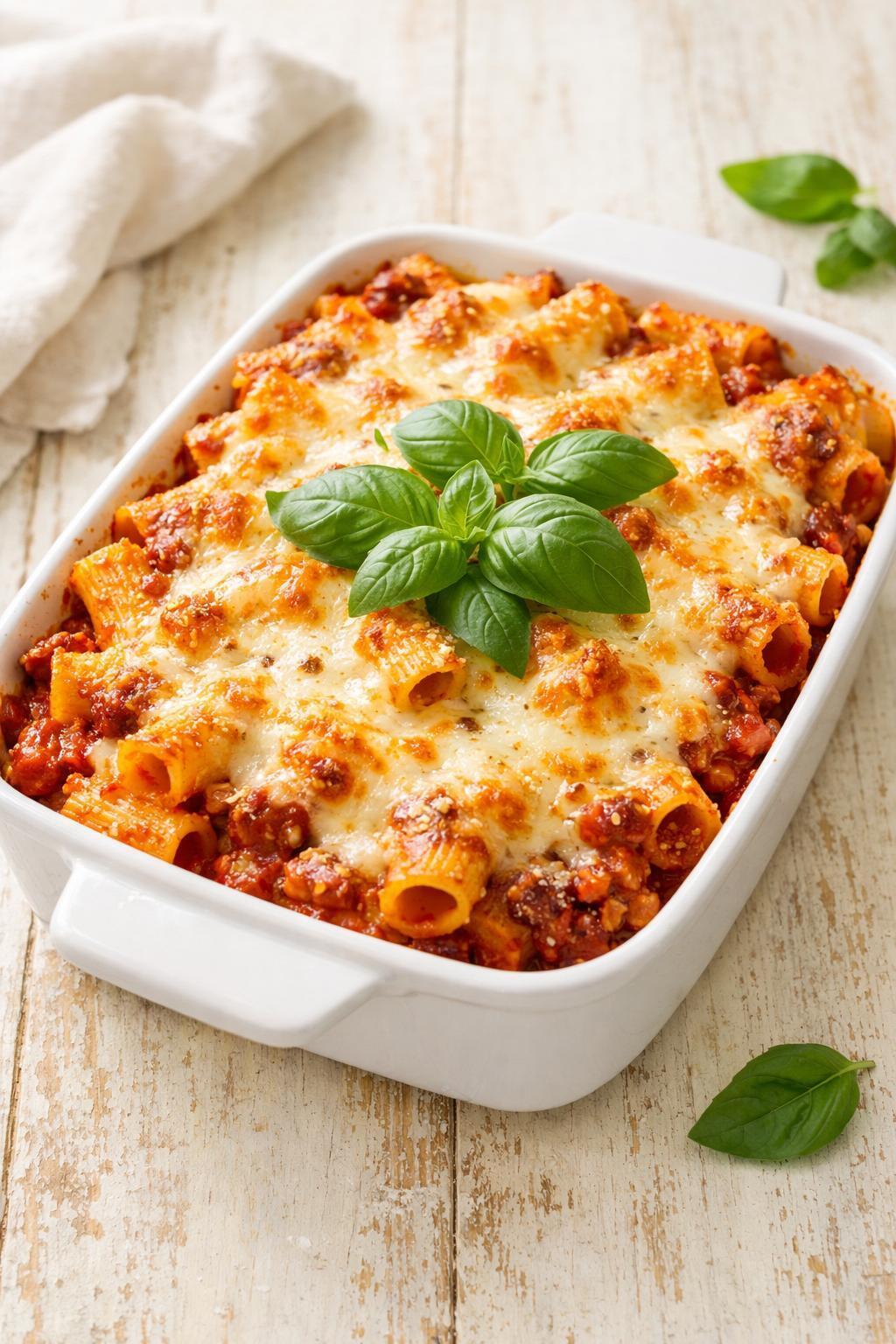 Baked rigatoni in white ceramic baking dish with golden bubbling cheese and fresh basil