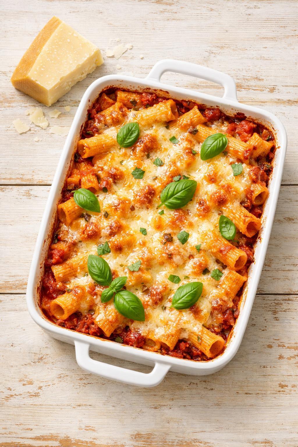 Overhead view of baked rigatoni with bubbling golden cheese and parmesan wedge prop