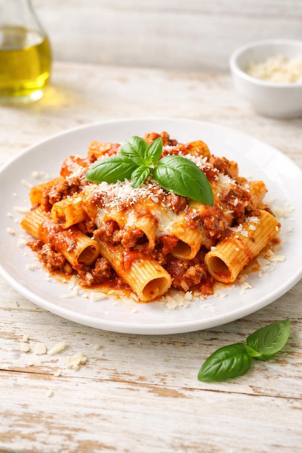 Plated serving of baked rigatoni on white ceramic plate with fresh basil and parmesan