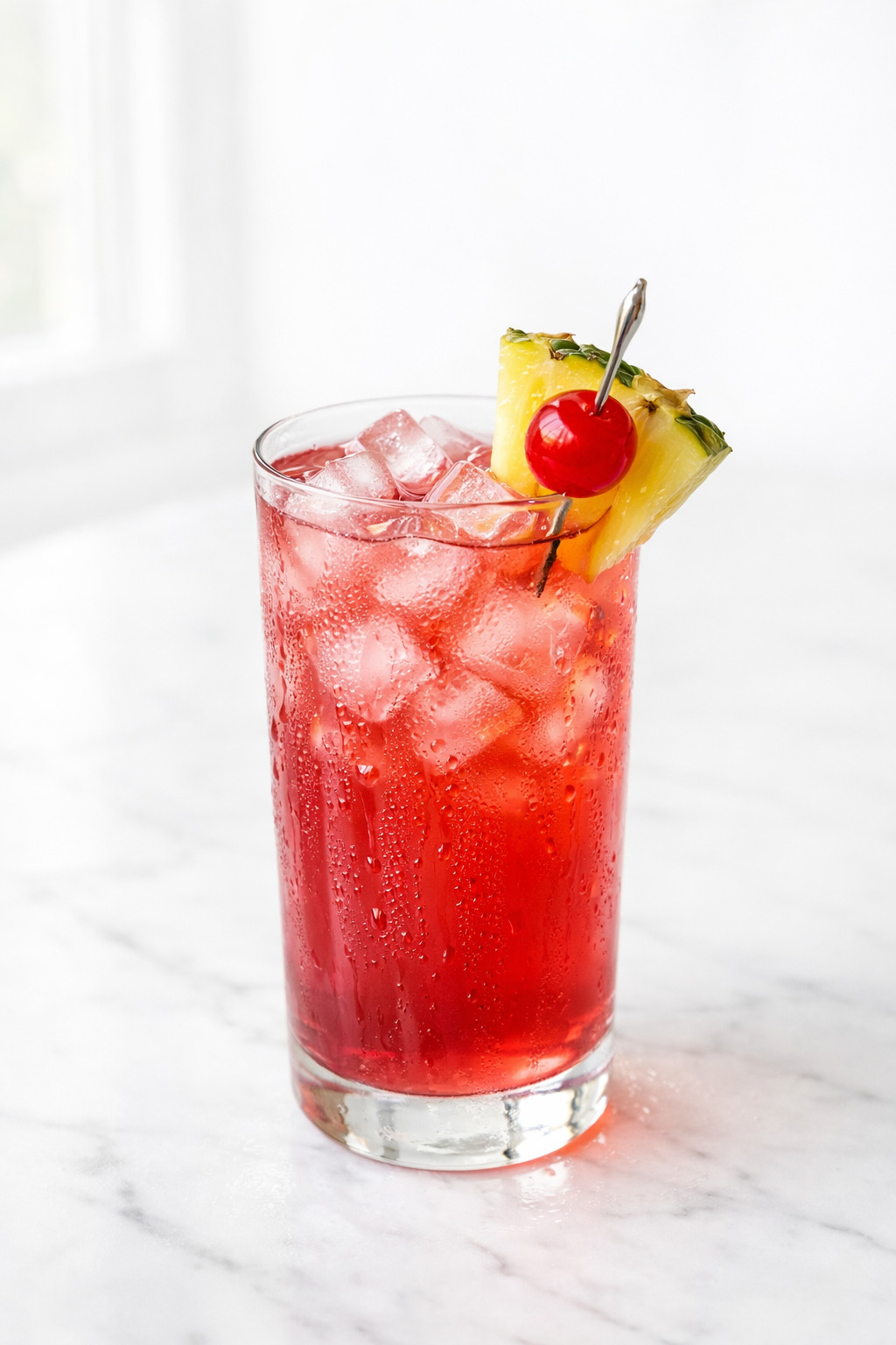 Bay Breeze Cocktail in a tall glass with cranberry pink drink and pineapple garnish