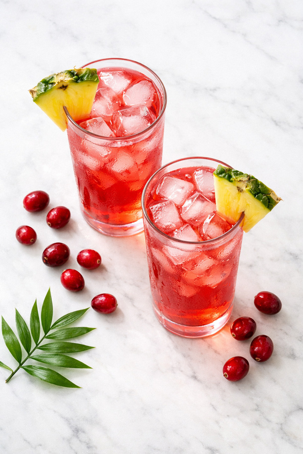 Two Bay Breeze cocktails overhead view on white marble