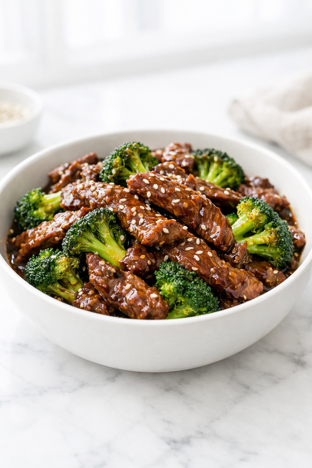Beef and broccoli stir fry with glossy garlic soy sauce and sesame seeds in a white ceramic bowl