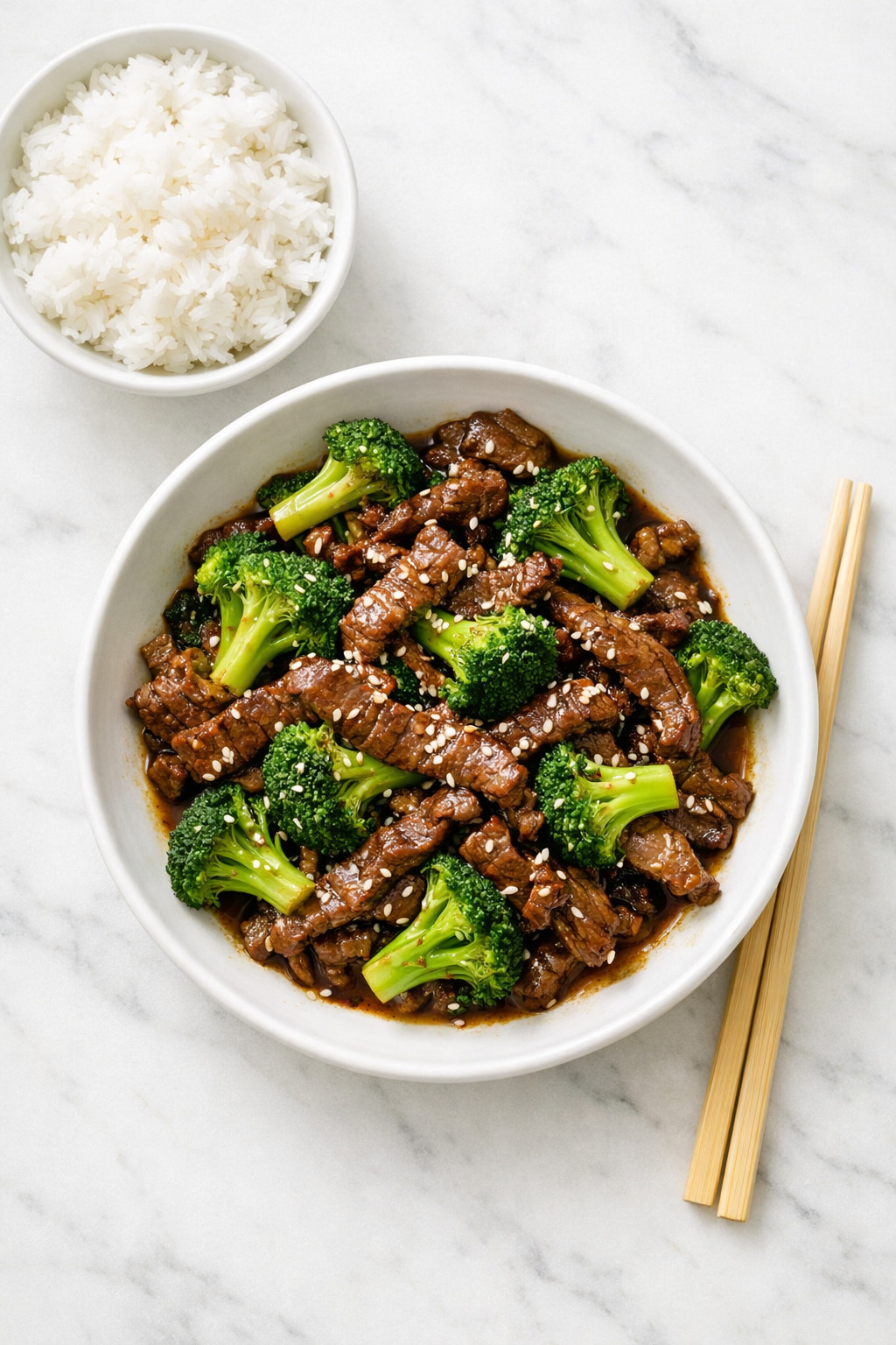 Overhead view of beef and broccoli stir fry with a side of white rice and chopsticks