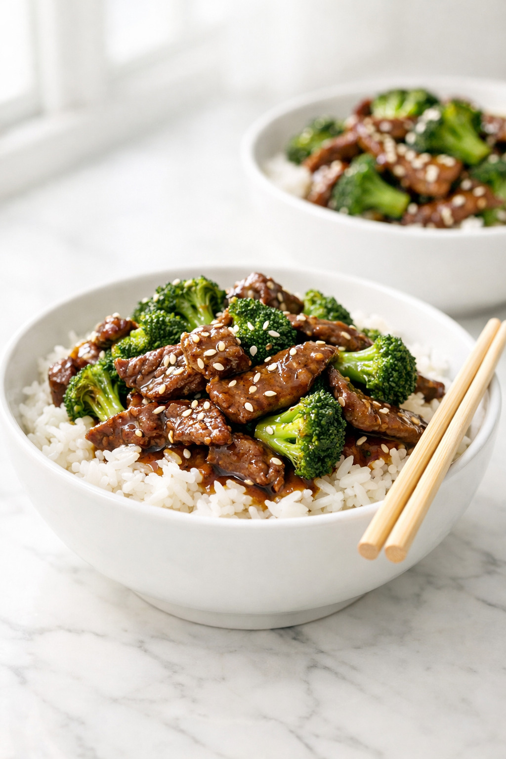 Beef and broccoli stir fry served over steamed white rice in a white bowl with chopsticks