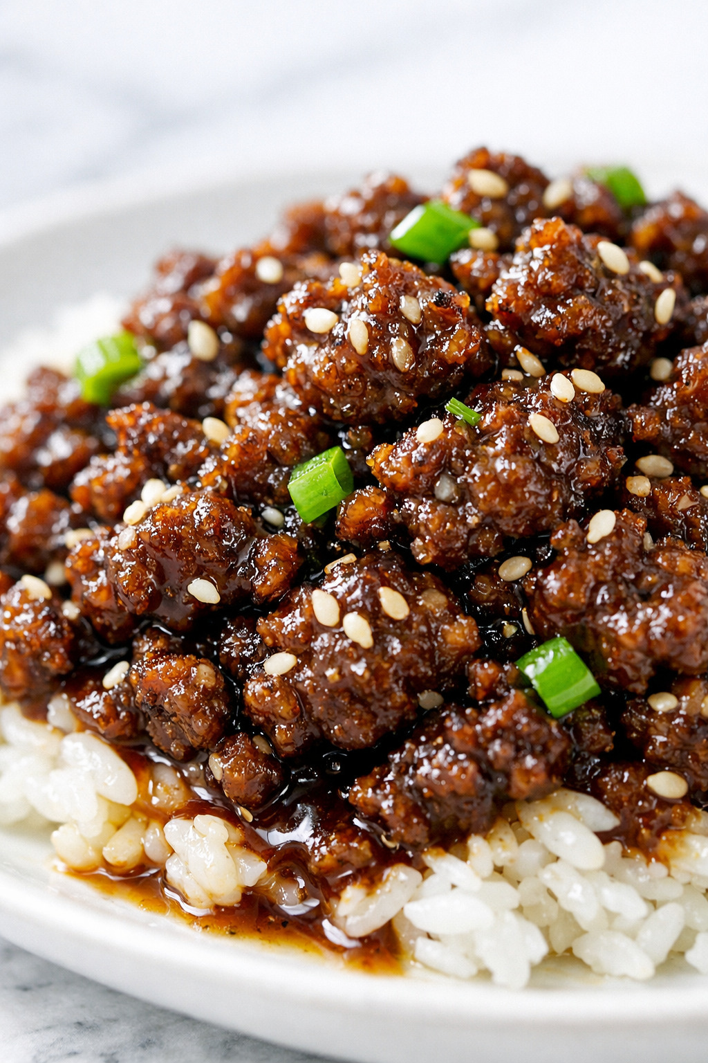 Close-up of glossy caramelized ground beef bulgogi with sesame seeds