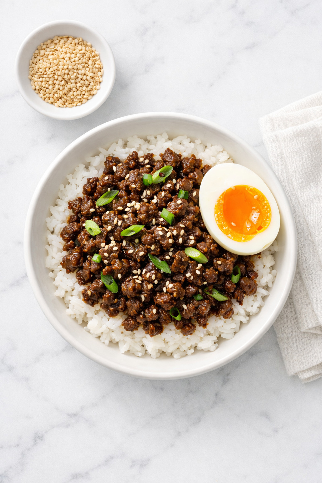 Overhead view of ground beef bulgogi bowl with caramelized beef over rice