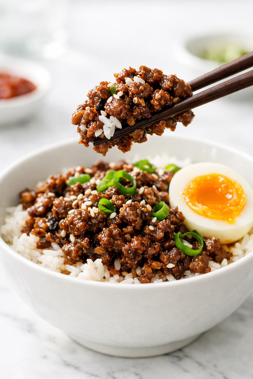 Chopsticks lifting a bite of ground beef bulgogi from a bowl