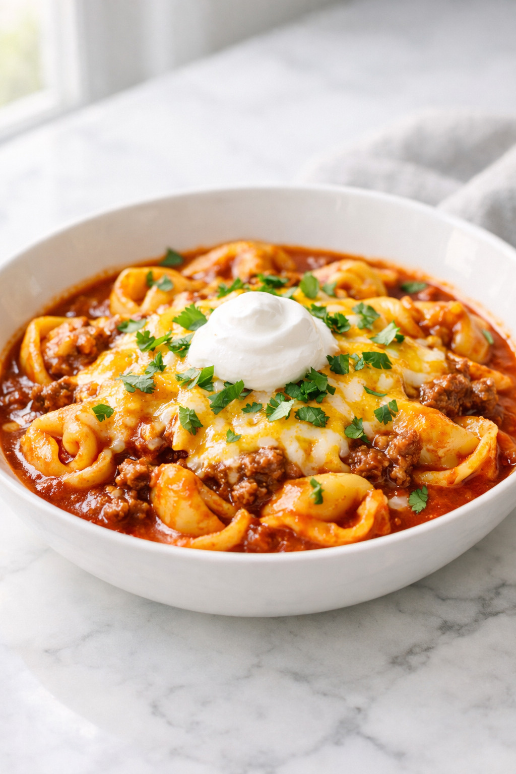 Beef enchilada tortellini in a white bowl with melted cheese and cilantro
