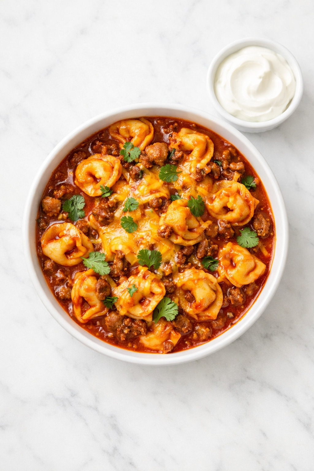 Overhead view of beef enchilada tortellini with lime wedge